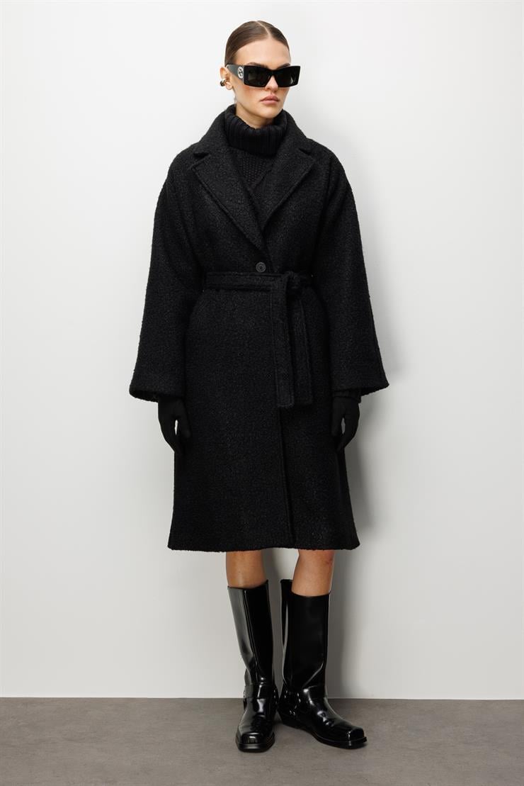 Modailgi  Kuşaklı Tek Düğmeli Buklet Kaban Siyah