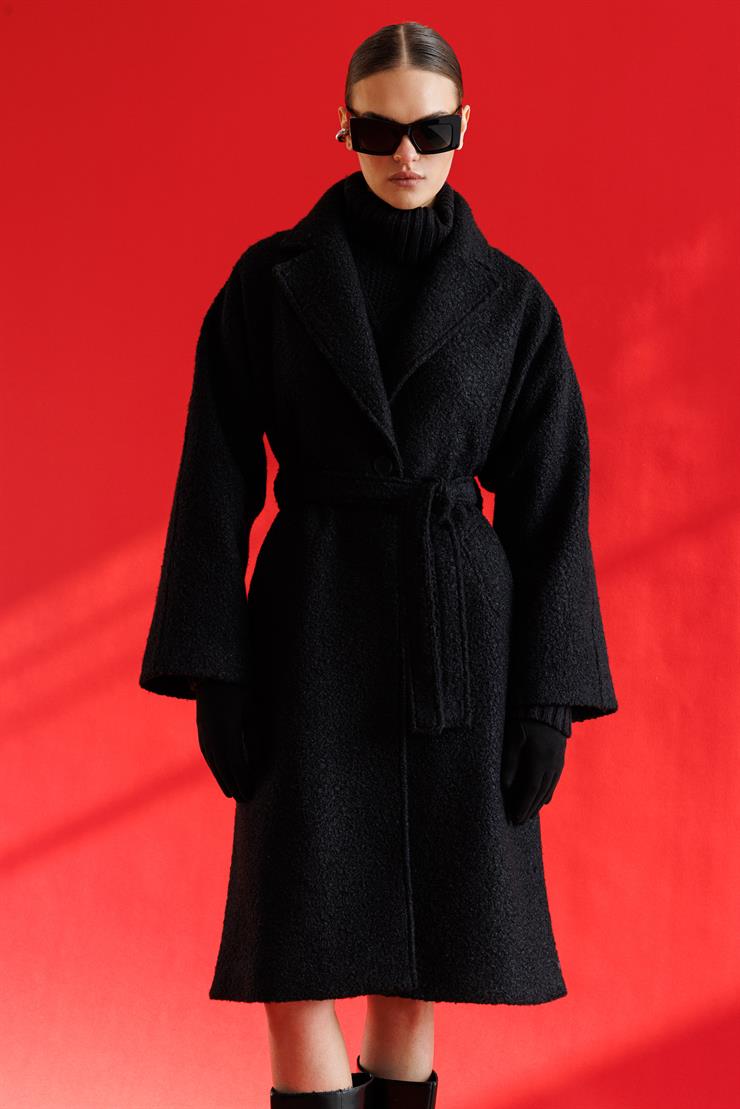 Modailgi  Kuşaklı Tek Düğmeli Buklet Kaban Siyah