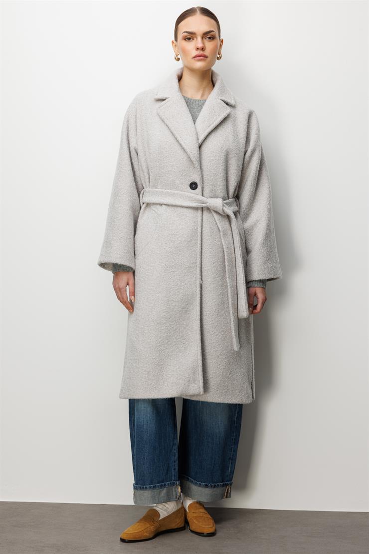 Modailgi  Kuşaklı Tek Düğmeli Diyagonal Çizgili Kaşe Kaban Gri