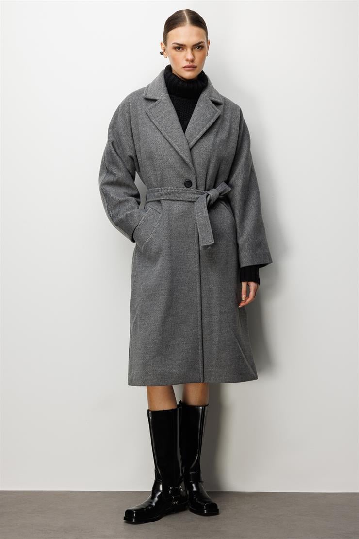 Modailgi  Kuşaklı Tek Düğmeli Diyagonal Çizgili Kaşe Kaban Antrasit