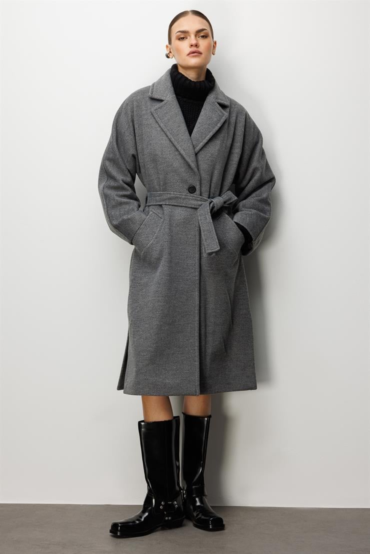 Modailgi  Kuşaklı Tek Düğmeli Diyagonal Çizgili Kaşe Kaban Antrasit