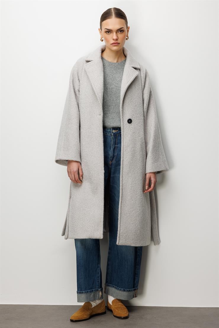 Modailgi  Kuşaklı Tek Düğmeli Diyagonal Çizgili Kaşe Kaban Gri