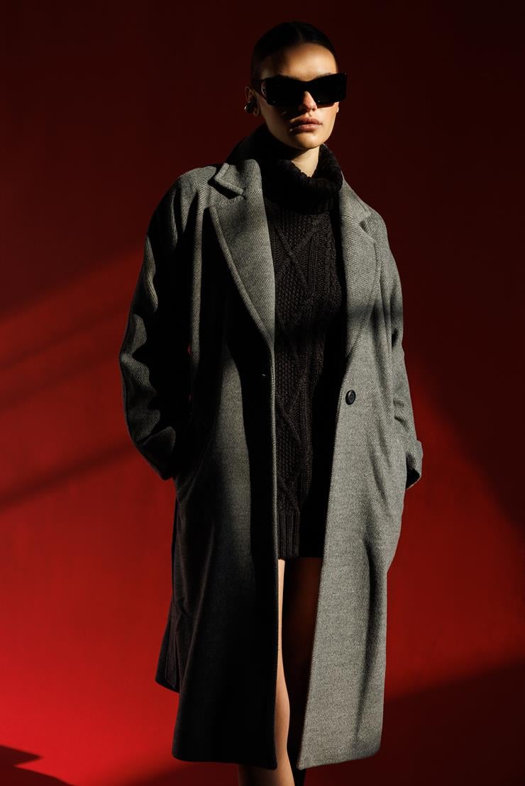 Modailgi  Kuşaklı Tek Düğmeli Diyagonal Çizgili Kaşe Kaban Antrasit