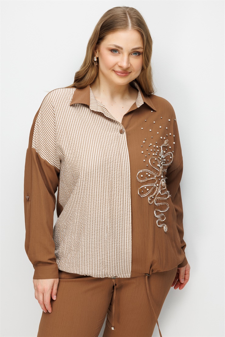 Modailgi  Laseli İnci Çakmalı Gömlek Kahve