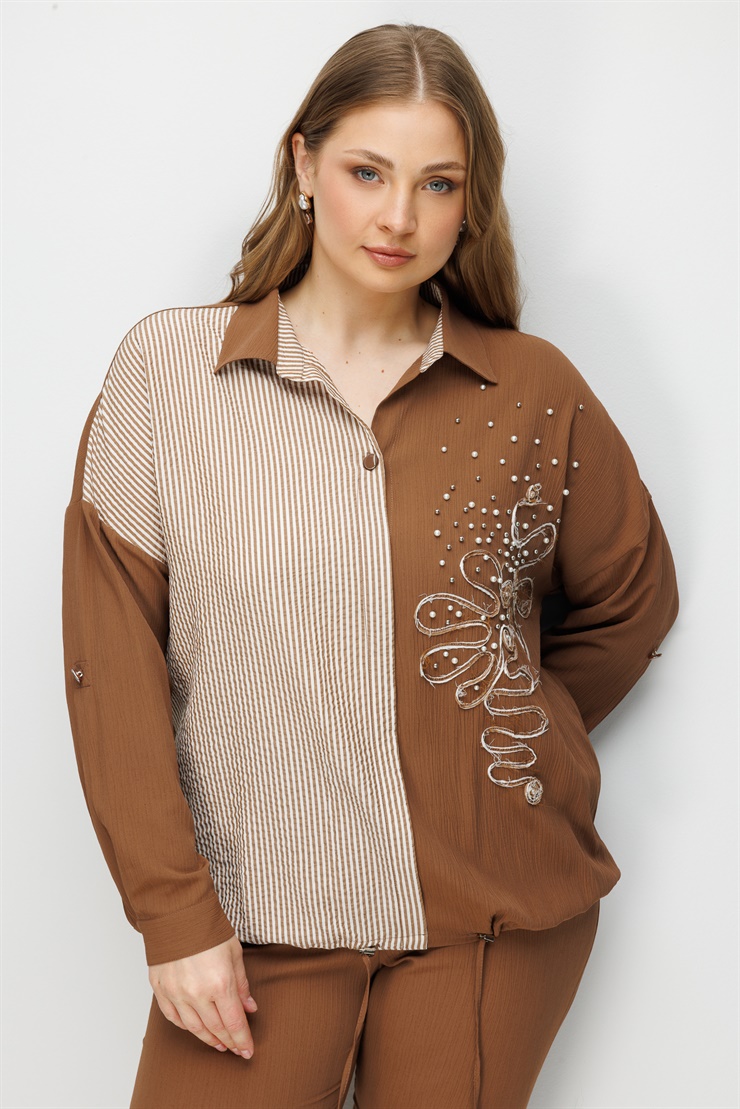 Modailgi  Laseli İnci Çakmalı Gömlek Kahve