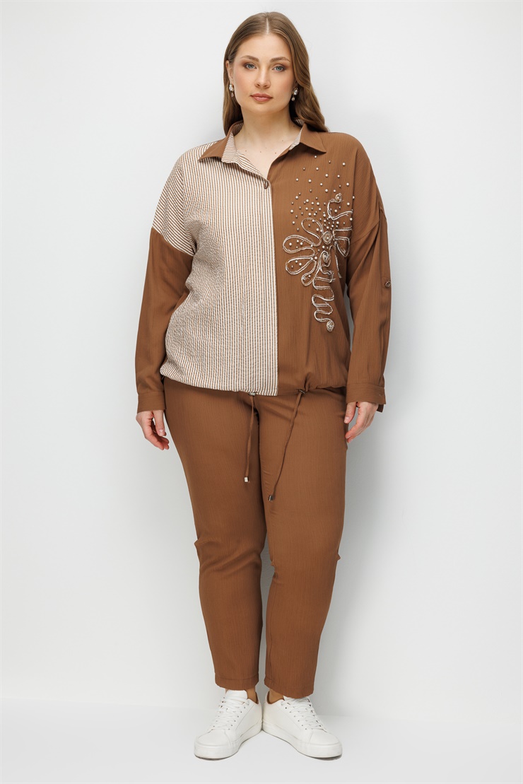 Modailgi  Laseli İnci Çakmalı Gömlek Kahve