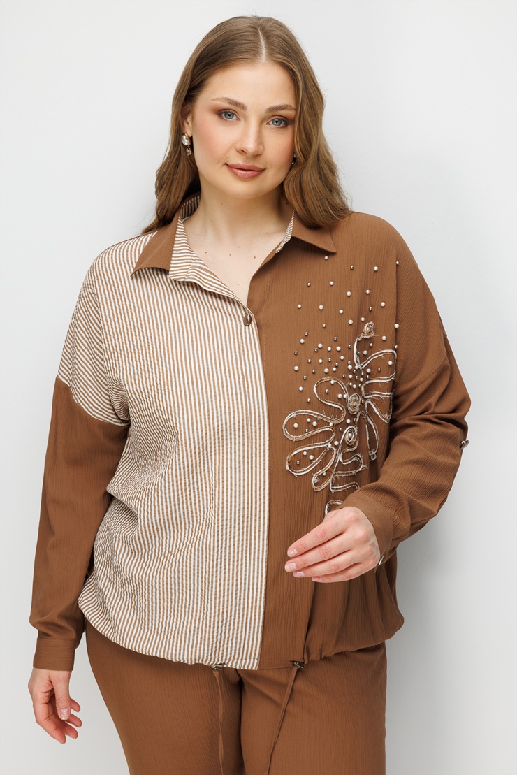 Modailgi  Laseli İnci Çakmalı Gömlek Kahve