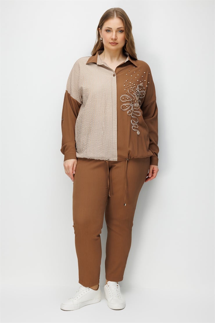 Modailgi  Laseli İnci Çakmalı Gömlek Kahve