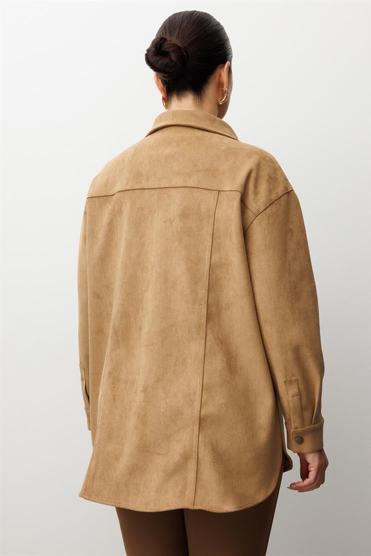 Modailgi  Lazer Çiçek Kesim Süet Gömlek Vizon