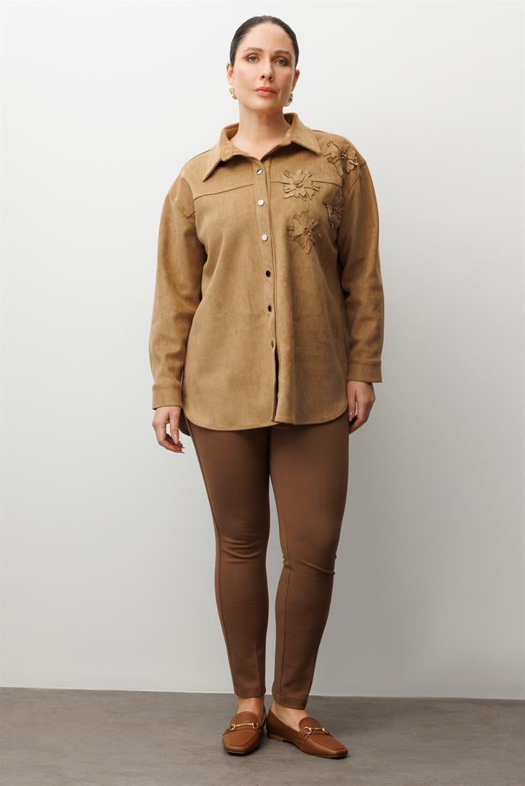 Modailgi  Lazer Çiçek Kesim Süet Gömlek Vizon