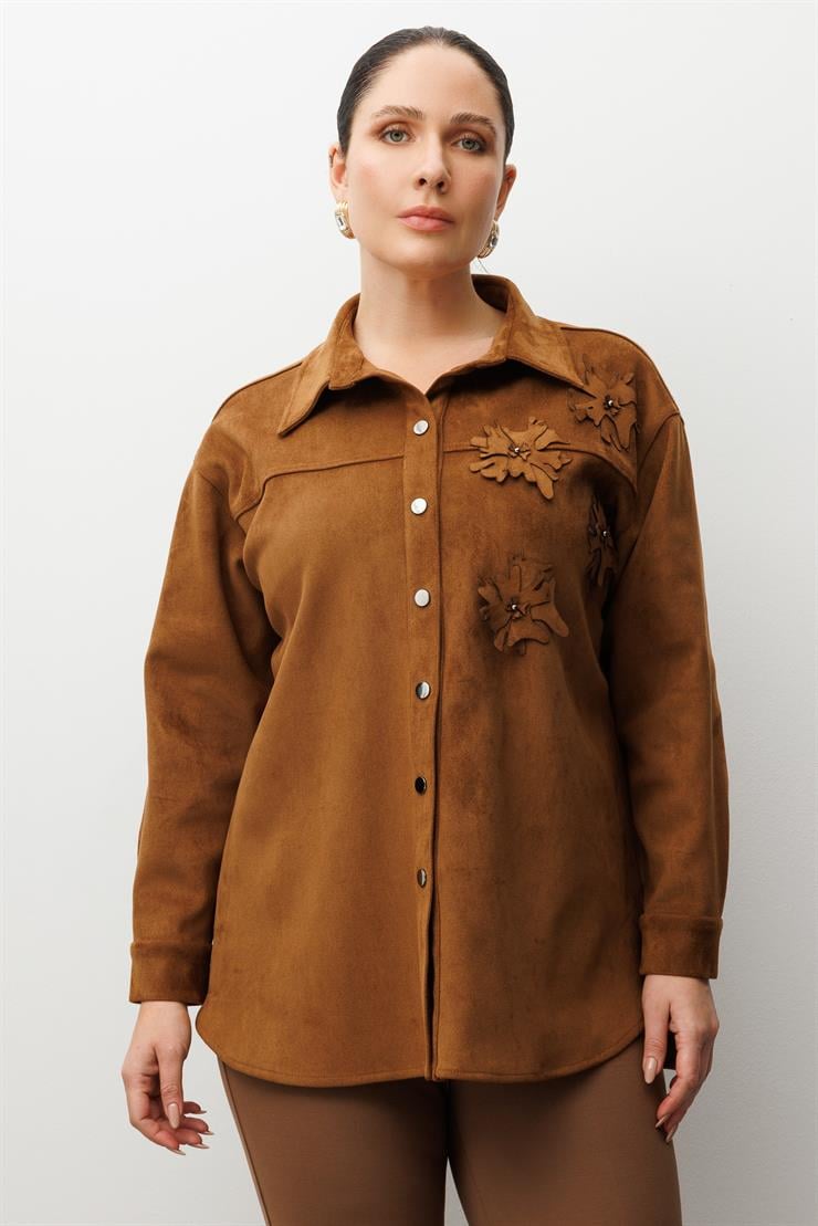 Modailgi  Lazer Çiçek Kesim Süet Gömlek Taba