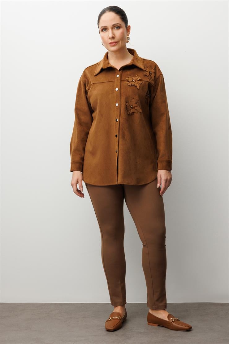 Modailgi  Lazer Çiçek Kesim Süet Gömlek Taba