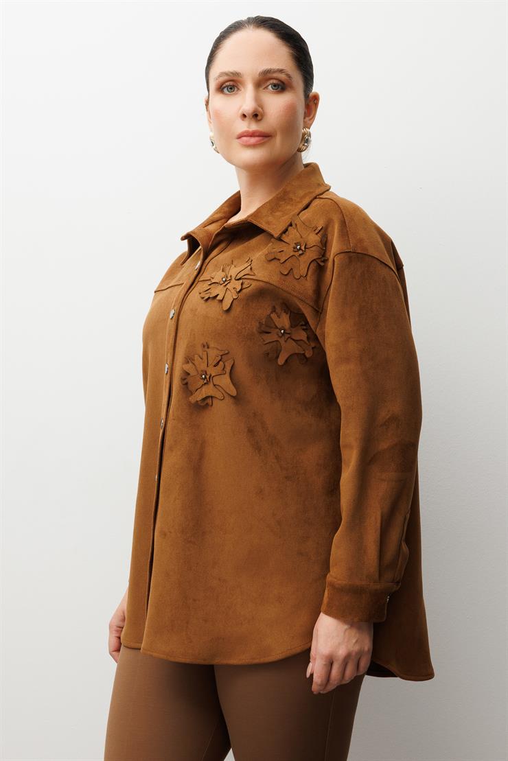 Modailgi  Lazer Çiçek Kesim Süet Gömlek Taba