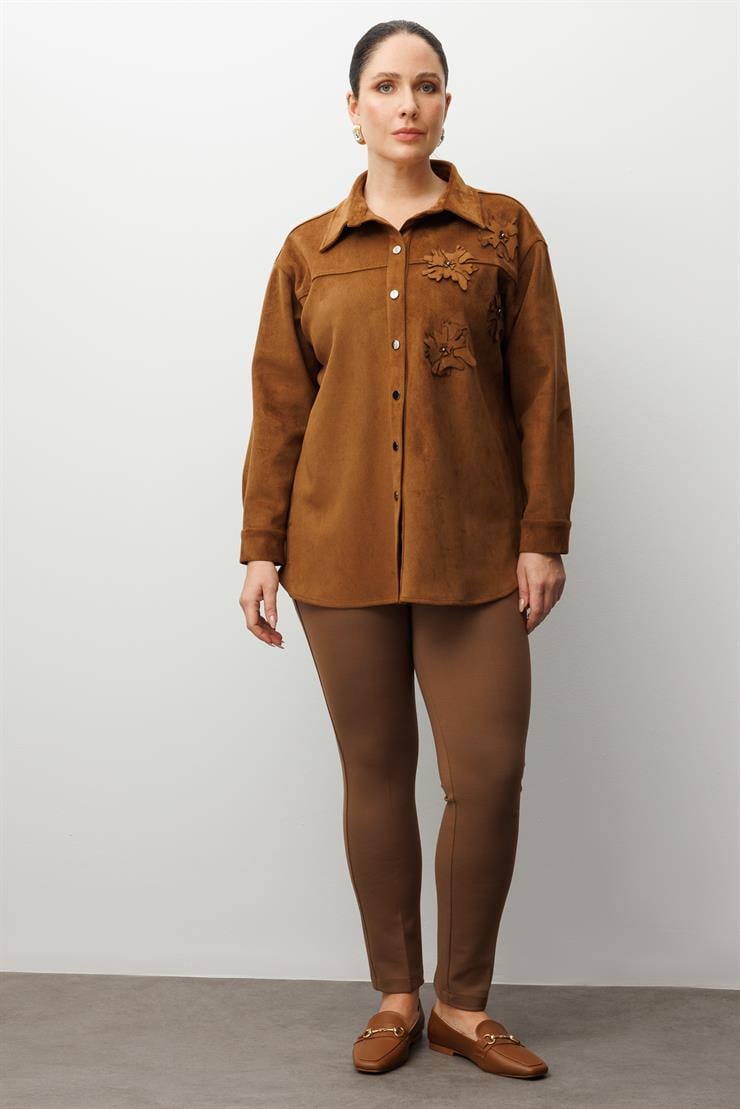 Modailgi  Lazer Çiçek Kesim Süet Gömlek Taba