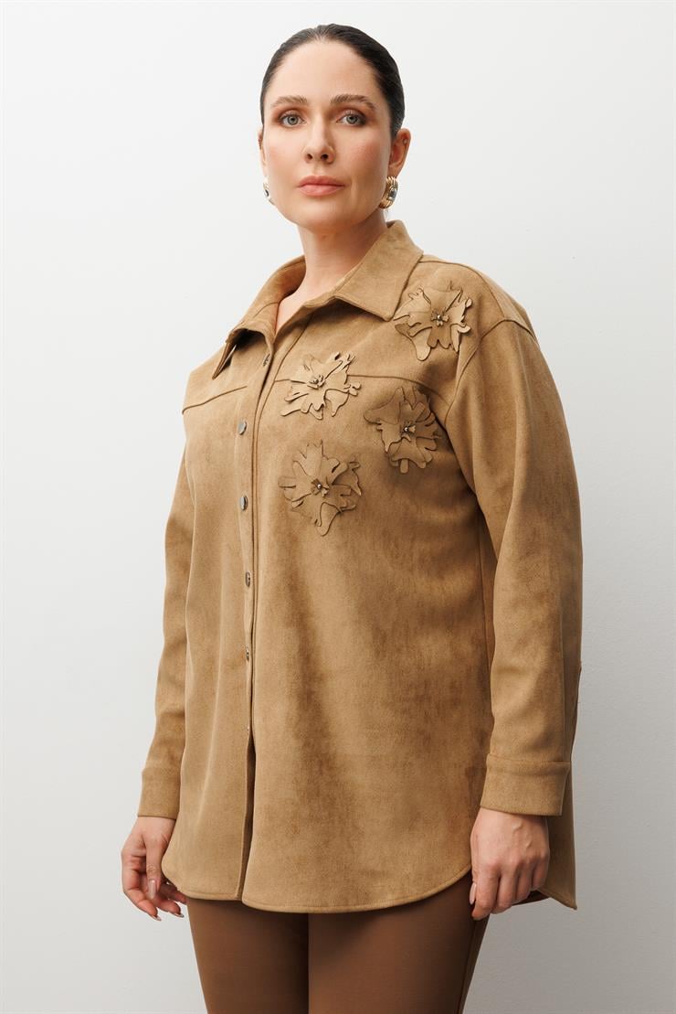 Modailgi  Lazer Çiçek Kesim Süet Gömlek Vizon