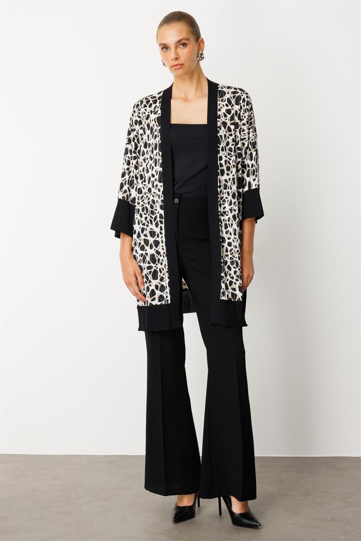 Modailgi  Leopar Desen Düğme Detaylı Ribanalı Uzun Ceket Leopar
