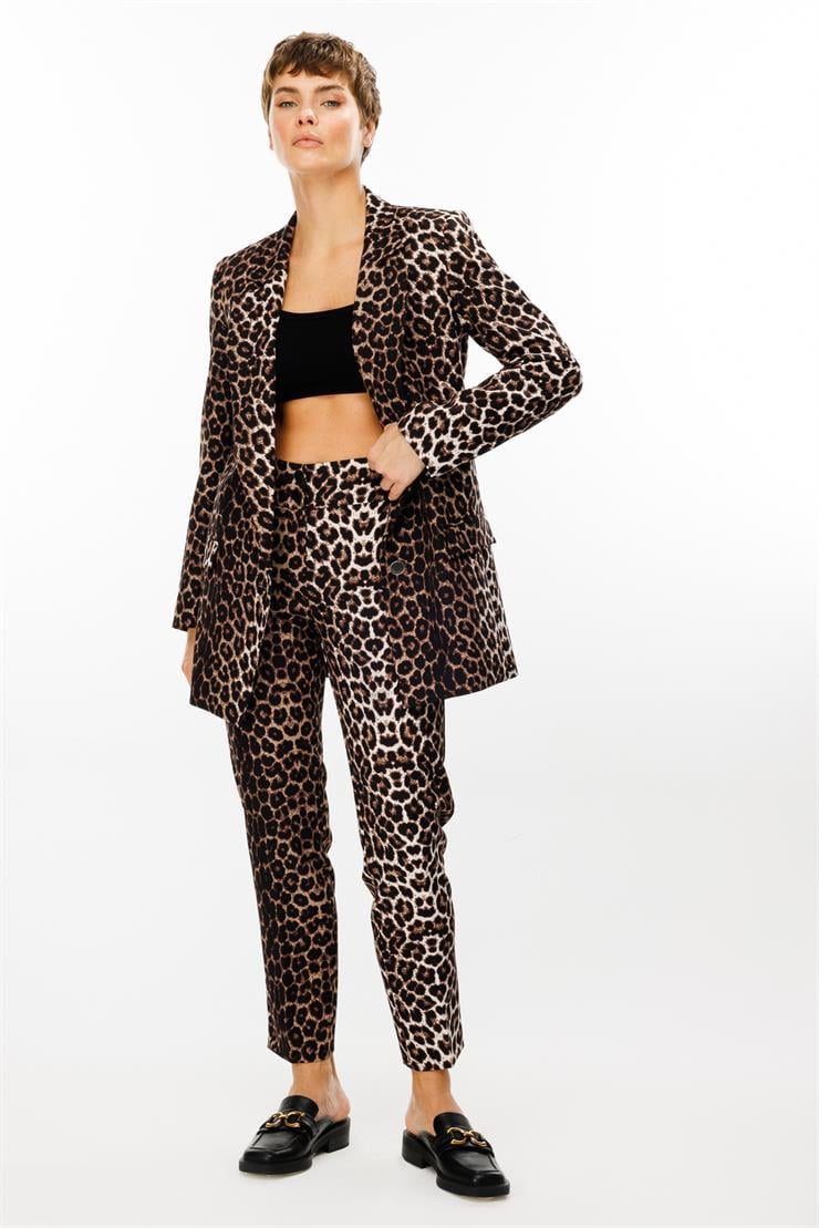 Modailgi  Leopar Desen Mono Yaka Tek Düğme Ceket Siyah