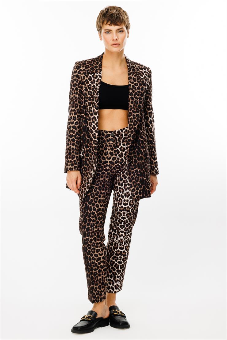 Modailgi  Leopar Desen Mono Yaka Tek Düğme Ceket Siyah