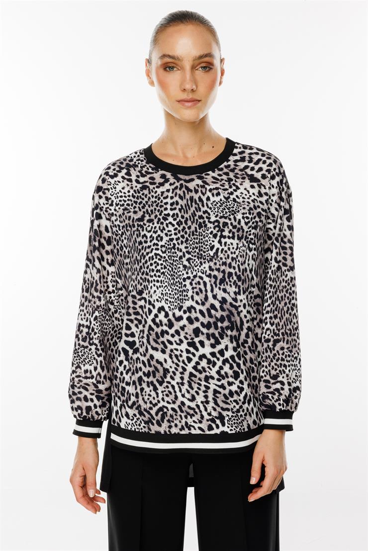 Modailgi  Leopar Desen Sıfır Yaka Tunik Siyah