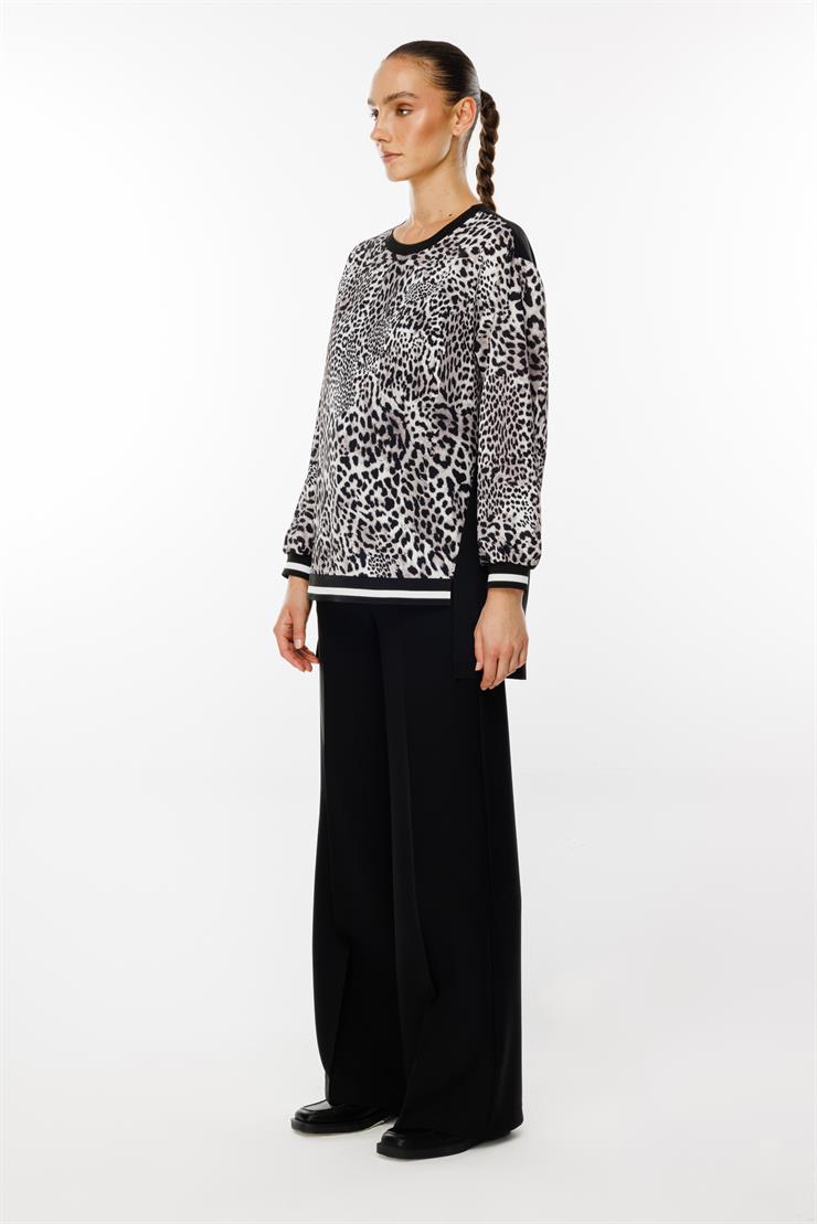 Modailgi  Leopar Desen Sıfır Yaka Tunik Siyah