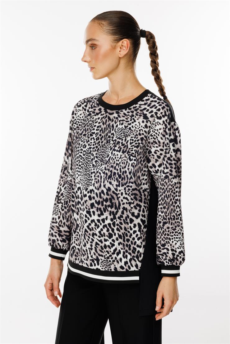 Modailgi  Leopar Desen Sıfır Yaka Tunik Siyah