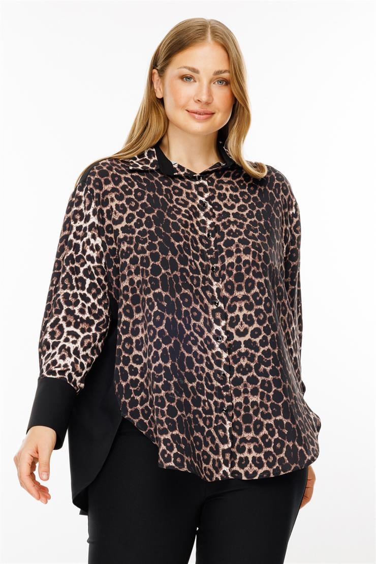 Modailgi  Leopar Desen Siyah Garnili Gömlek Siyah