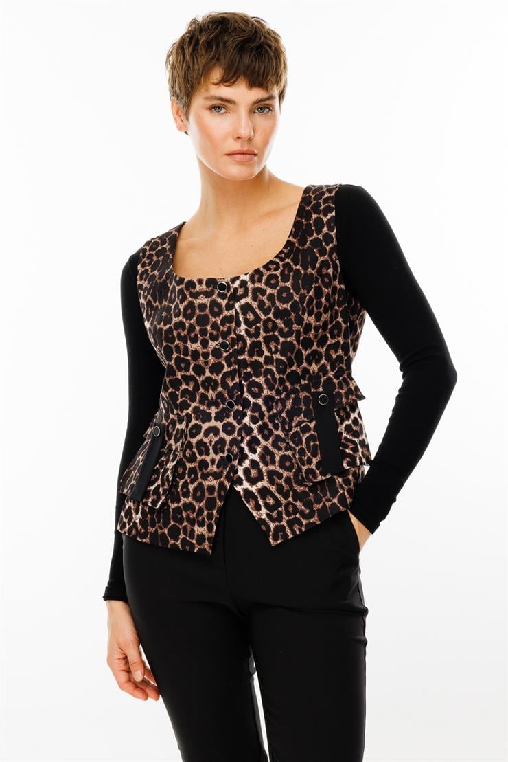 Modailgi  Leopar Desen U Yaka Düğme Kapamalı Torba Cepli Yelek Siyah