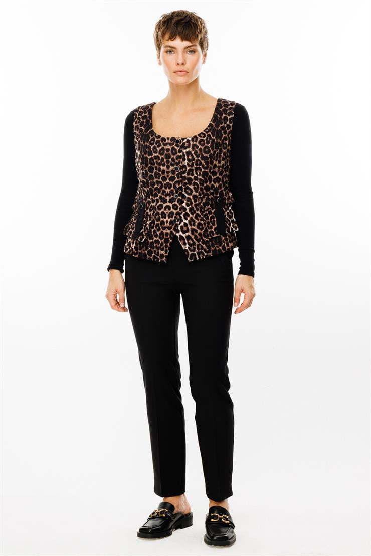 Modailgi  Leopar Desen U Yaka Düğme Kapamalı Torba Cepli Yelek Siyah