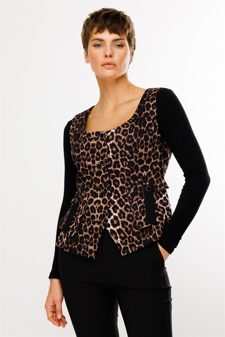 Modailgi  Leopar Desen U Yaka Düğme Kapamalı Torba Cepli Yelek Siyah