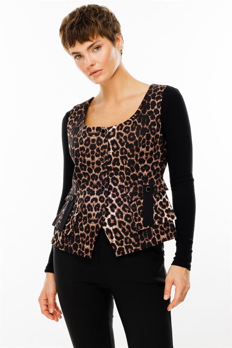 Modailgi  Leopar Desen U Yaka Düğme Kapamalı Torba Cepli Yelek Siyah