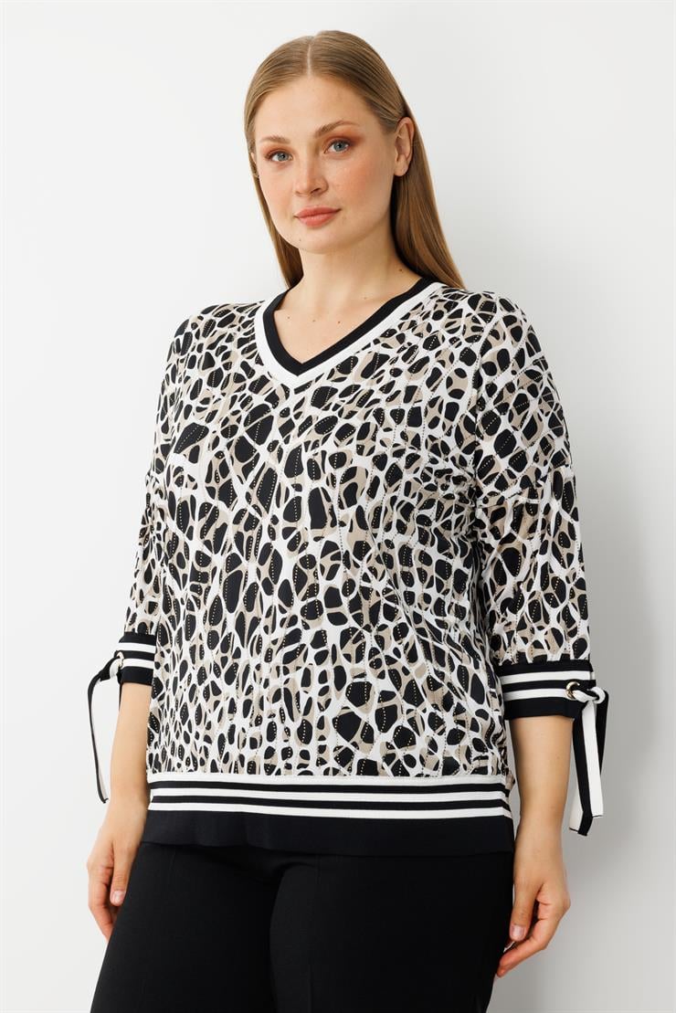 Modailgi  Leopar Desen V Yaka Kol Manşeti Bağcıklı Ribanalı Bluz Leopar