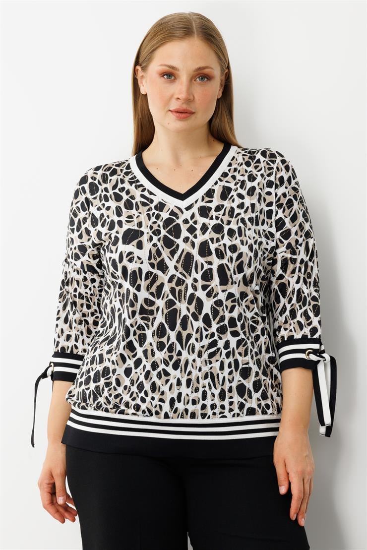 Modailgi  Leopar Desen V Yaka Kol Manşeti Bağcıklı Ribanalı Bluz Leopar