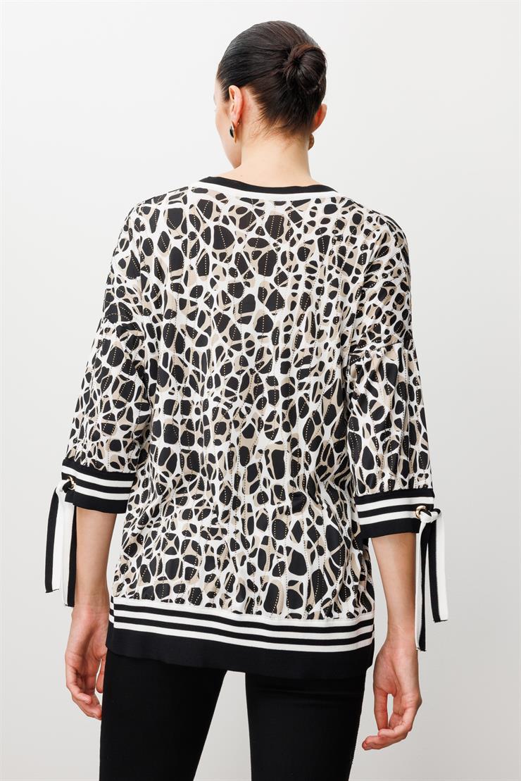 Modailgi  Leopar Desen V Yaka Kol Manşeti Bağcıklı Ribanalı Bluz Leopar