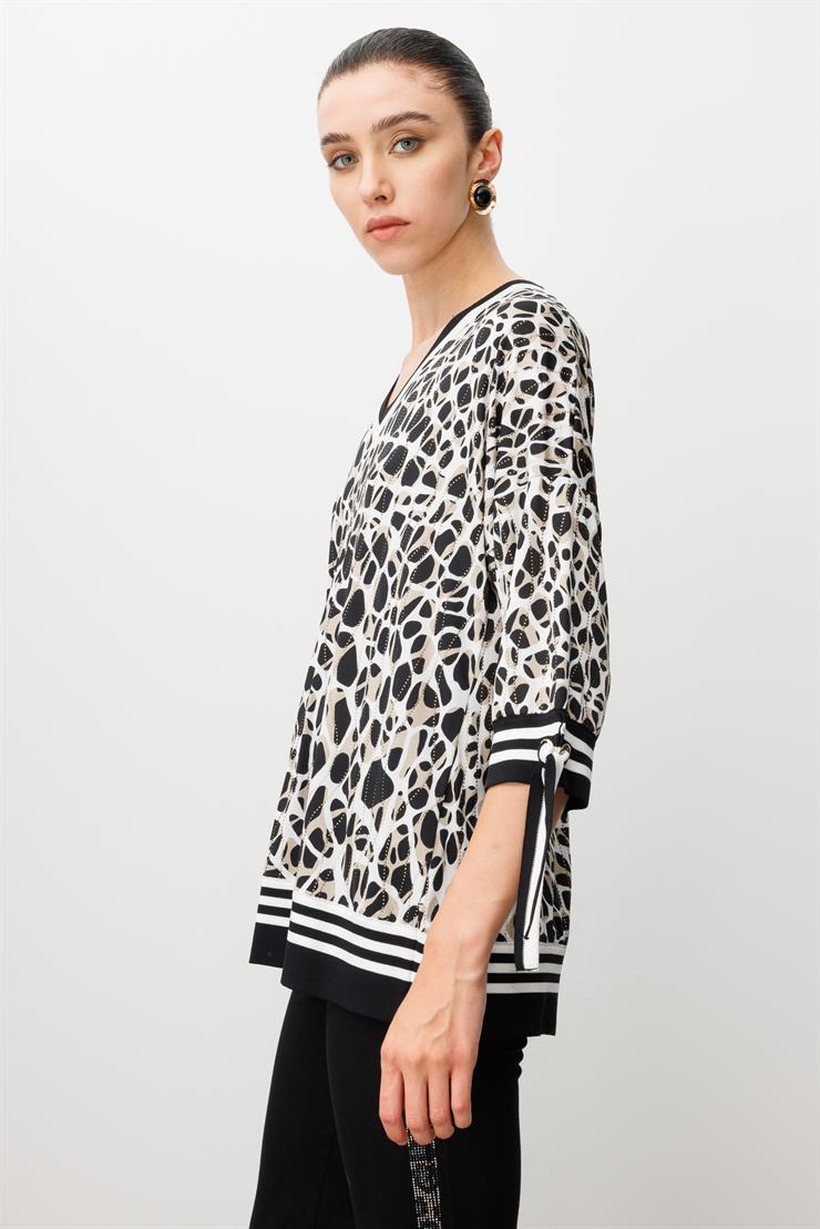 Modailgi  Leopar Desen V Yaka Kol Manşeti Bağcıklı Ribanalı Bluz Leopar
