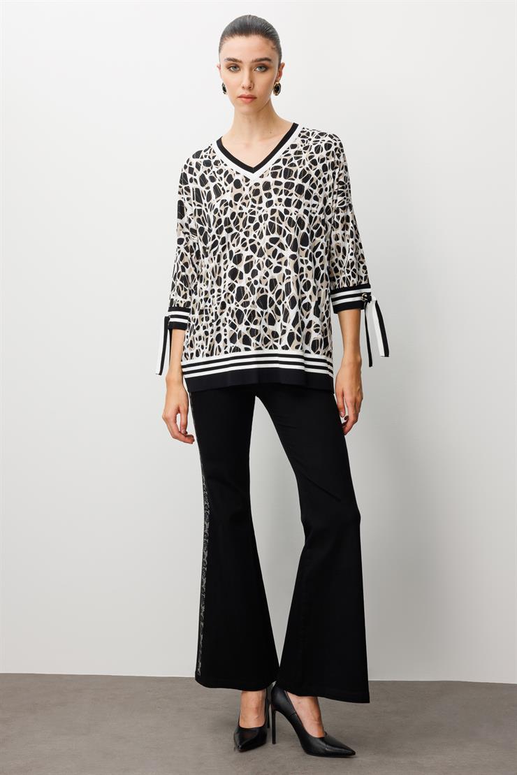 Modailgi  Leopar Desen V Yaka Kol Manşeti Bağcıklı Ribanalı Bluz Leopar