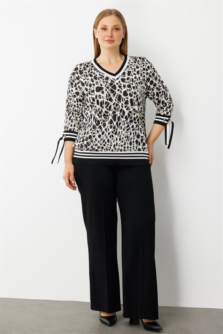 Modailgi  Leopar Desen V Yaka Kol Manşeti Bağcıklı Ribanalı Bluz Leopar