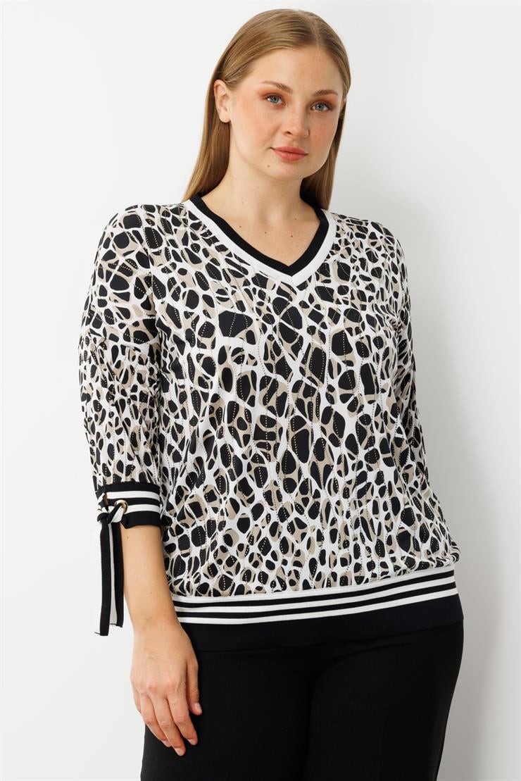 Modailgi  Leopar Desen V Yaka Kol Manşeti Bağcıklı Ribanalı Bluz Leopar