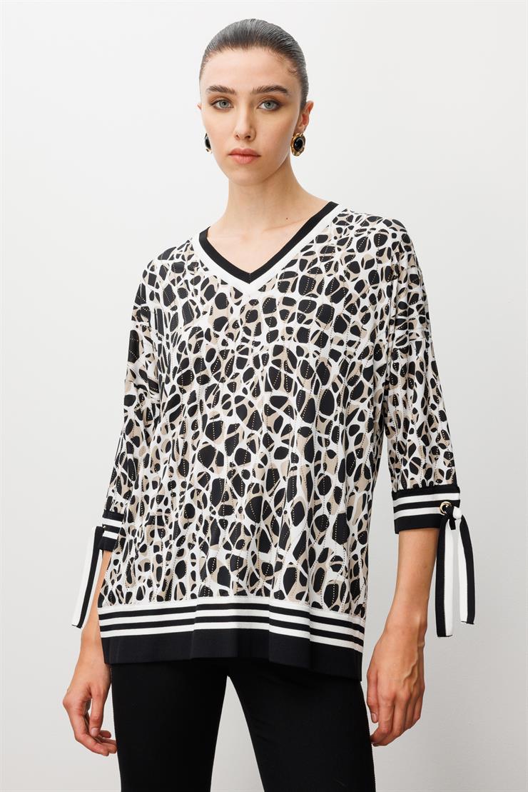 Modailgi  Leopar Desen V Yaka Kol Manşeti Bağcıklı Ribanalı Bluz Leopar