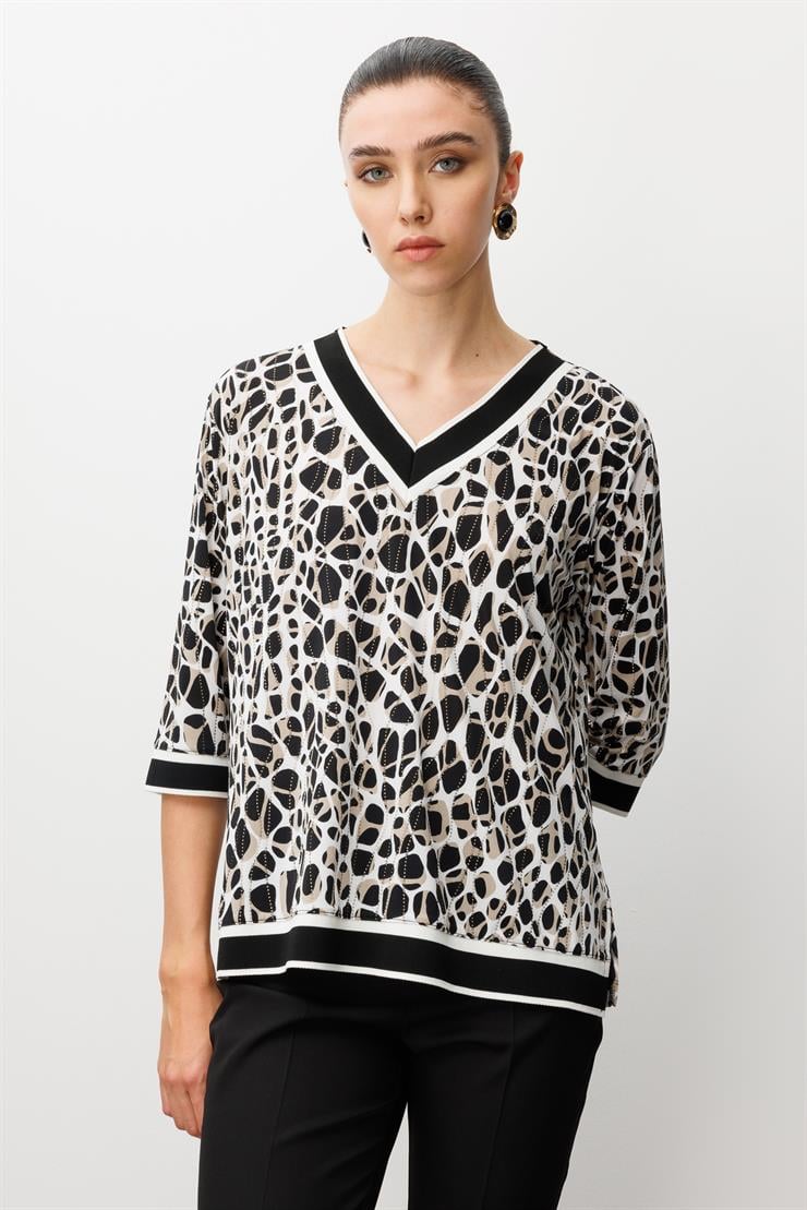 Modailgi  Leopar Desen V Yaka Ribanalı Bluz Leopar