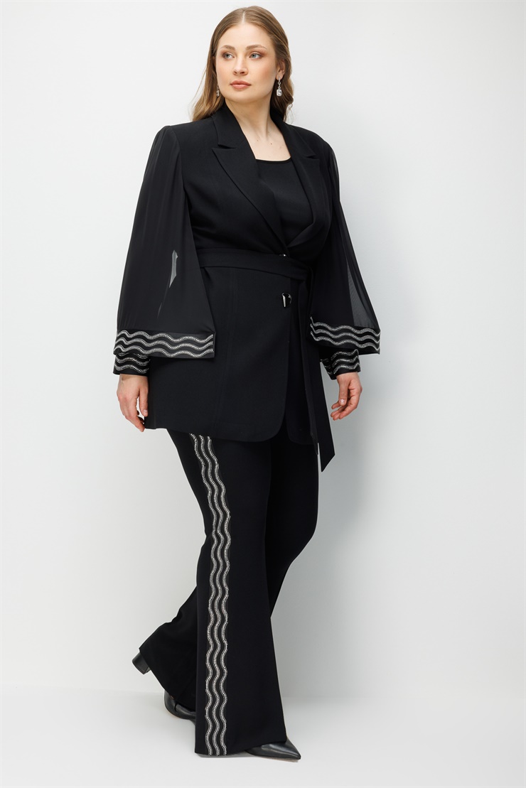 Modailgi  Manşeti Taş Yapıştırma Detaylı Pelerin Kol Ceket - 30105 Siyah