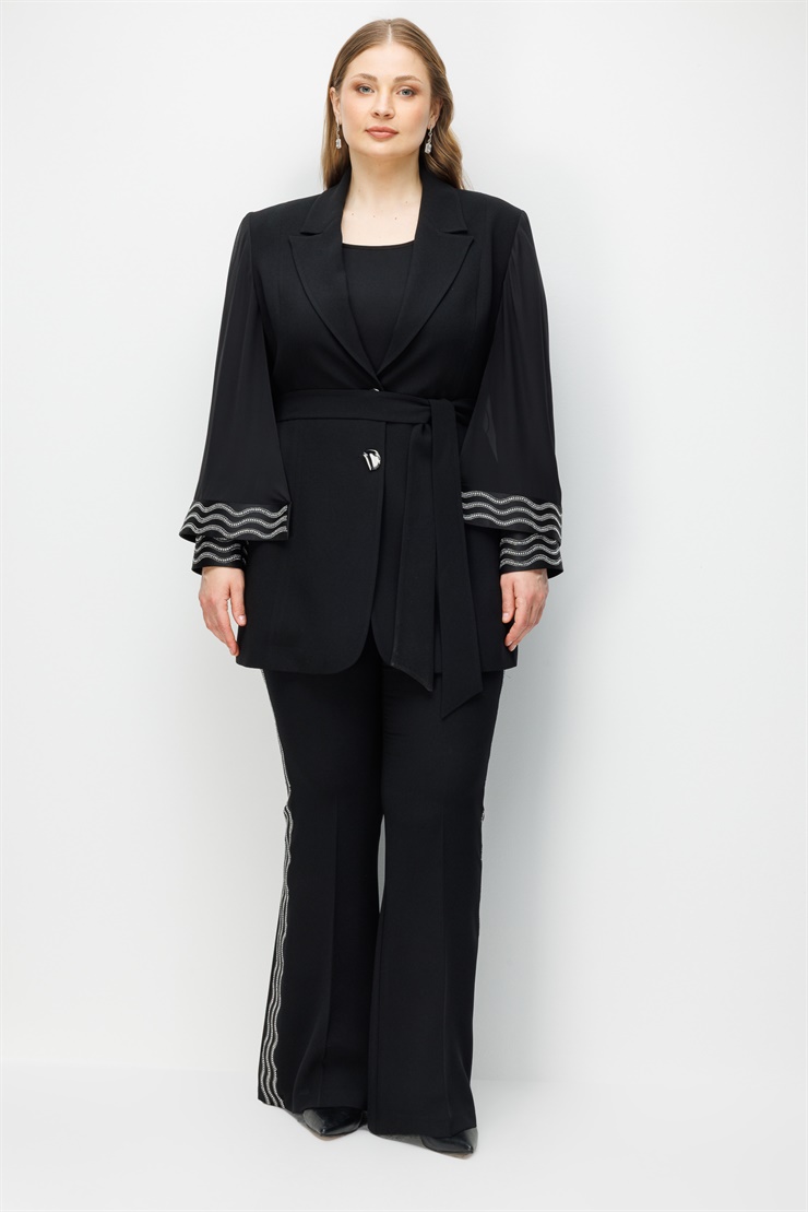 Modailgi  Manşeti Taş Yapıştırma Detaylı Pelerin Kol Ceket - 30105 Siyah