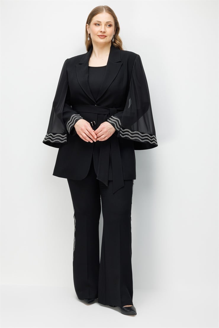 Modailgi  Manşeti Taş Yapıştırma Detaylı Pelerin Kol Ceket - 30105 Siyah