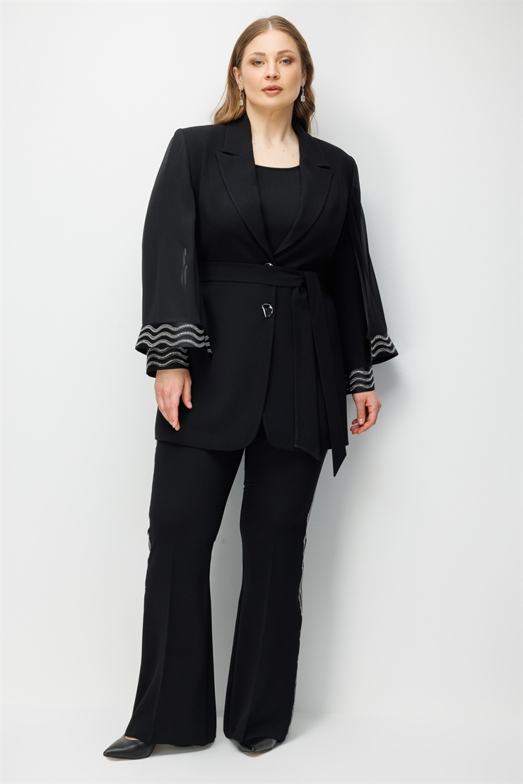 Modailgi  Manşeti Taş Yapıştırma Detaylı Pelerin Kol Ceket - 30105 Siyah