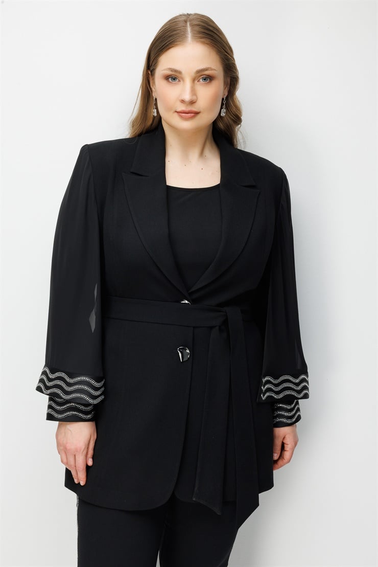 Modailgi  Manşeti Taş Yapıştırma Detaylı Pelerin Kol Ceket - 30105 Siyah