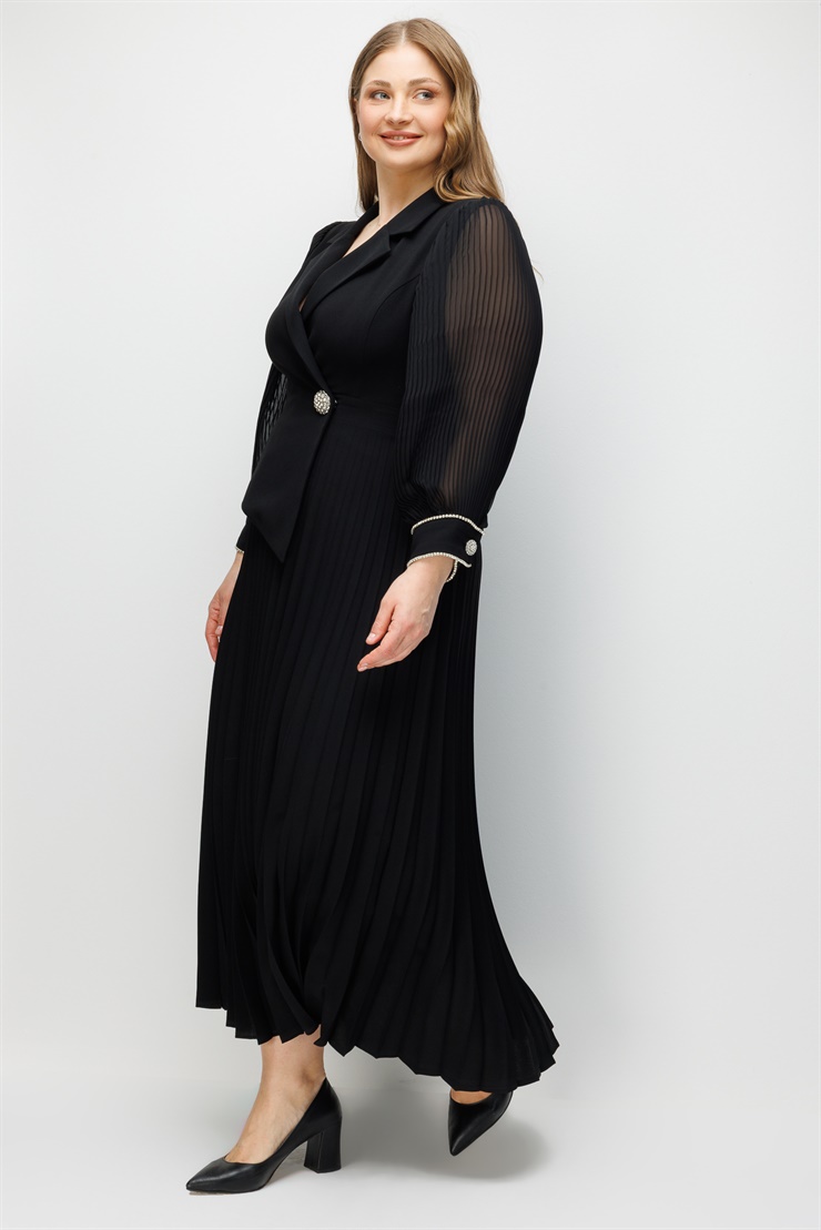 Modailgi  Manşeti Taşlı Plisoley Elbise Siyah