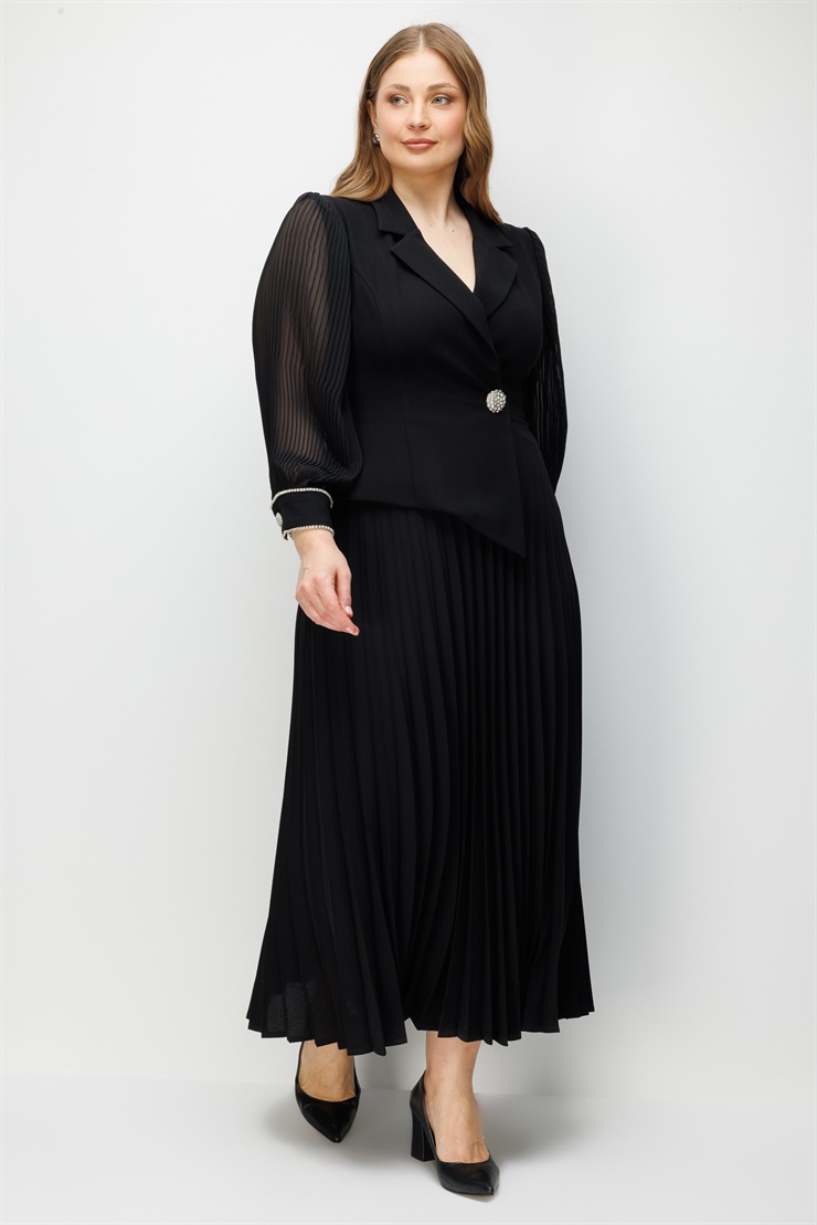 Modailgi  Manşeti Taşlı Plisoley Elbise Siyah
