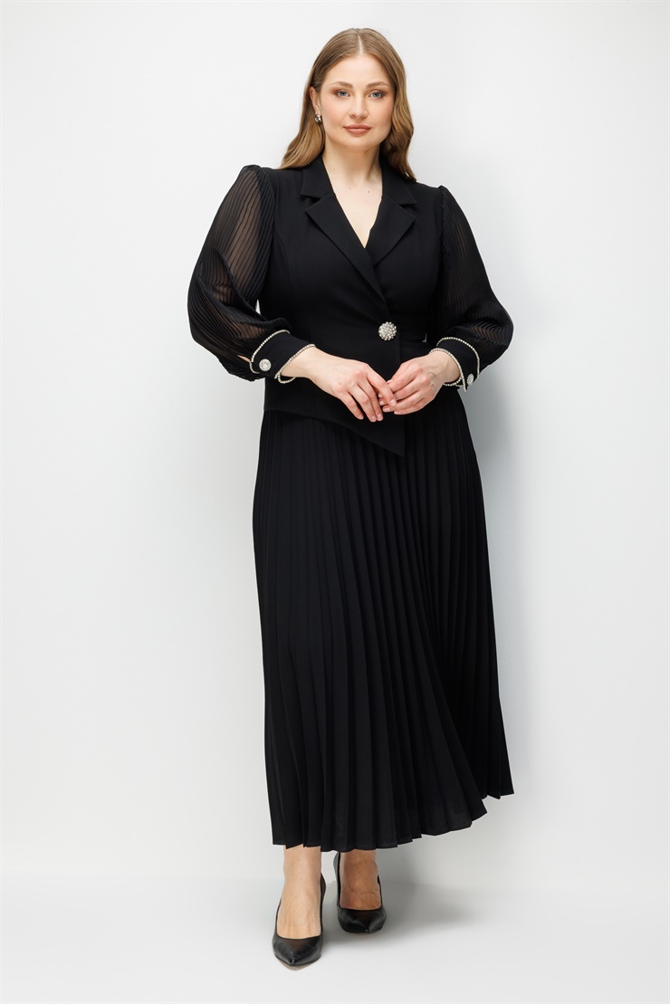 Modailgi  Manşeti Taşlı Plisoley Elbise Siyah