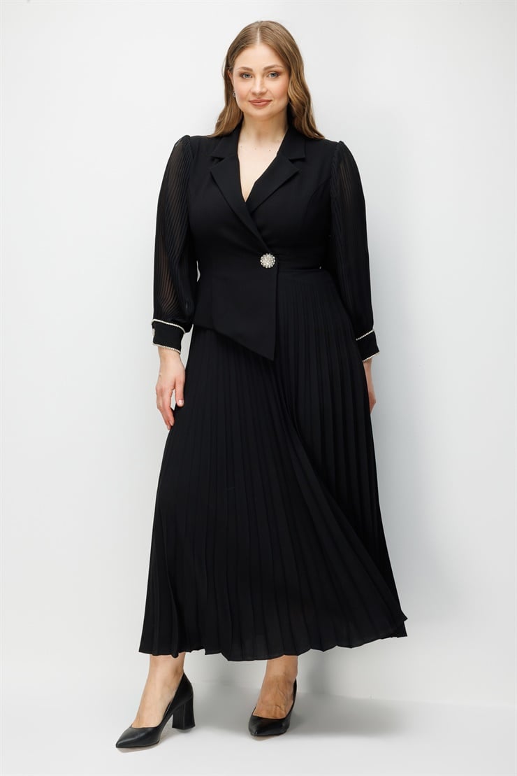 Modailgi  Manşeti Taşlı Plisoley Elbise Siyah