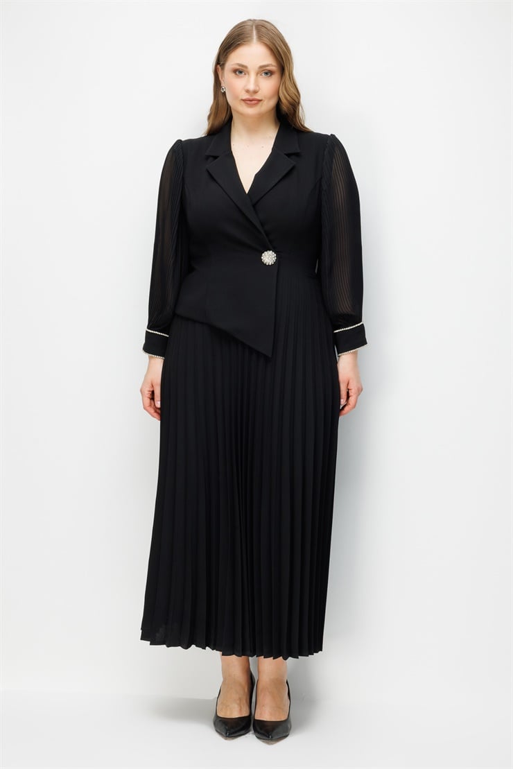 Modailgi  Manşeti Taşlı Plisoley Elbise Siyah