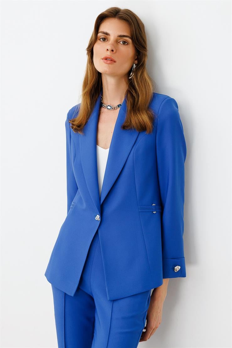 Modailgi  Metal Aksesuar Detaylı Tek Düğmeli Yarım Astarlı Ceket Mavi